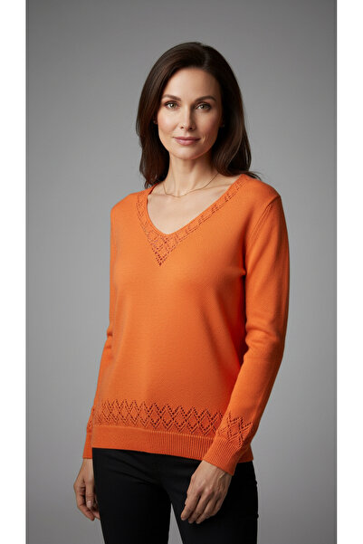Digz fashion Turuncu V Yaka Triko Kazak