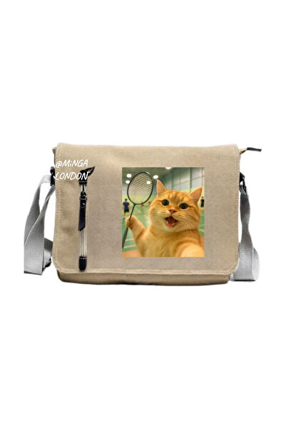 Minga London Geantă Messenger cu fotografie de pisică de tenis bej -mingalondon