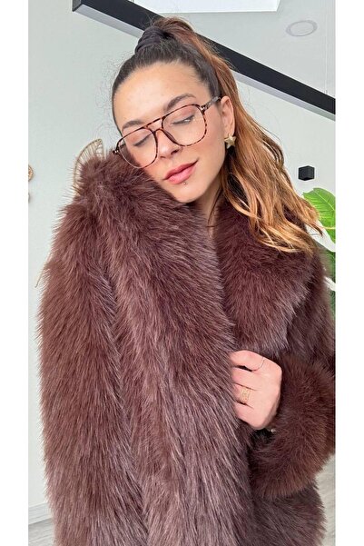 modadagiyim Palton de blană artificială premium Bitter Brown pentru femei
