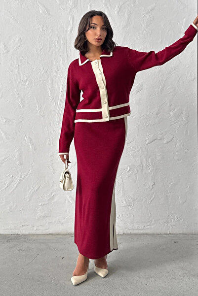 Lusin Women's Burgundy Stylish Pearl Button Detailed Cardigan Skirt Bottom Top Knitwear Set