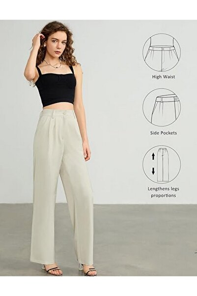 Tapata Women's high-waisted, wide, straight pants with pockets, relaxed fit, beige, size S,