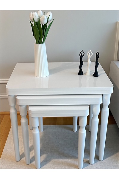 AYSA Mobilya 3Lü Beyaz Beyaz Lüx MDF Ahşap Zigon Sehpa