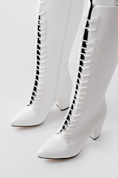SEEM & BE Matilda Kadın Bağcıklı Fermuarlı Kalın Topuklu Beyaz Çizme