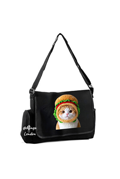Minga London Черна чанта за пощальон с мотив „Черна котка с хамбургер“ - Ming...