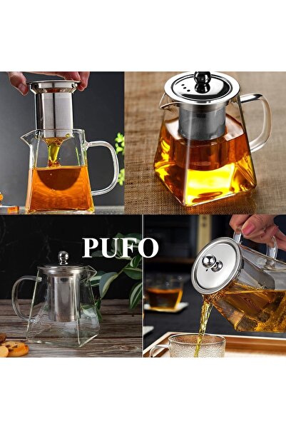 PUFO Infuzor de ceai exclusivist din sticlă cu filtru și capac metalic, 900 ml, transparent