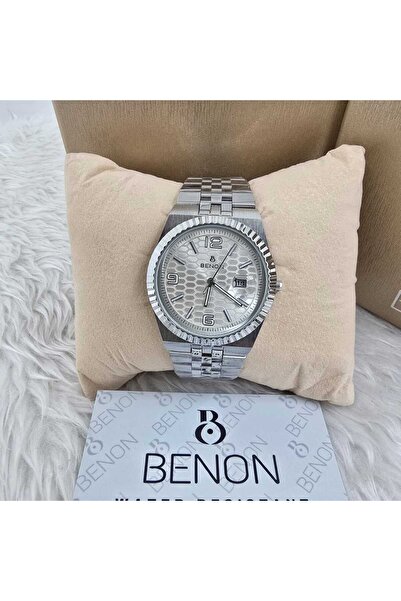 benon Men's watch from the Benon brand with a silver strap and a white and si...