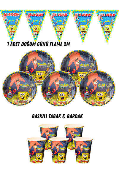 HAPPYLOOPPARTY Sünger Bob Patrick 16 Kişilik Tabak , Bardak , Flama Bayrak Do...