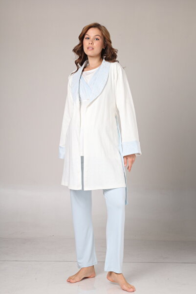 Lohusa Homewear Kadın Mavi Jakarlı Dantel Detaylı Kışlık Özel Tasarım Lohusa Hamile Sabahlık Pijama Takımı 3'Lü Set