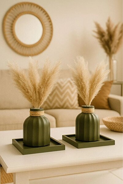 MİREVA El Yapımı Yeşil Ikili Vazo Seti – Taş Tozu ve Hasır Ipli Dekoratif Rustik Ev Aksesuarı