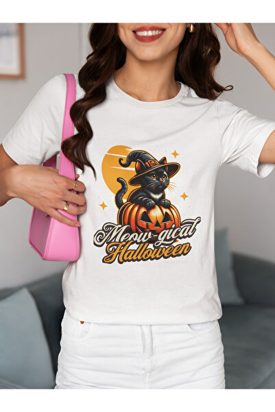 MAGORS تي شيرت نسائي من القطن بياقة دائرية وطباعة قطة سوداء لعيد الهالوين