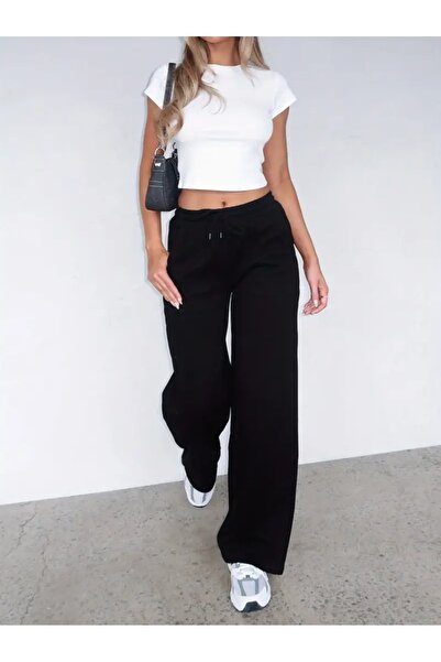 KİNNEAS Pantaloni de trening negri pentru femei, largi, de mărime mare, îmbră...