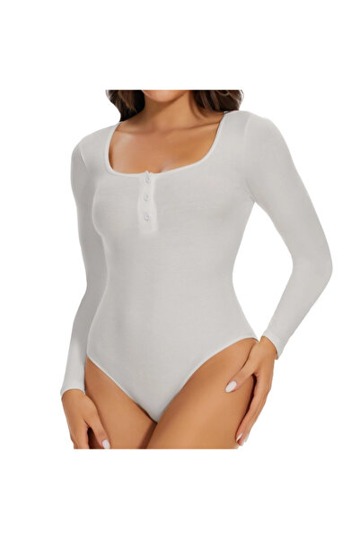 OEM Women's body shaping bodysuit with long sleeves and 3 buttons, White M
