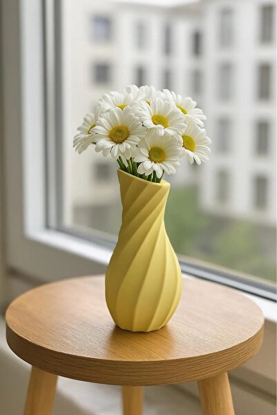 MİREVA Sarı Beton Spiral Vazo – Modern Minimalist 15 cm Dekoratif Ev Aksesuarı