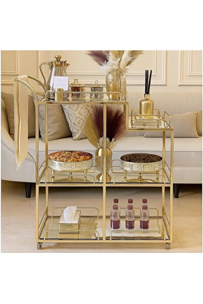 genric عربة تقديم معدنية ذهبية فاخرة من FFD مع أرفف زجاجية شفافة ثلاثية الطبقات - عربة أنيقة 80 × 40 × 90 سم