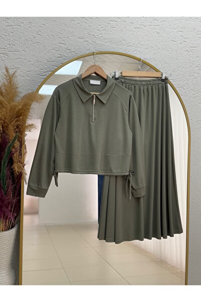 BENAHOLL طقم تنورة من قماش البيكيه بسحاب نصفي وتجعيدات جانبية من كابينا - AS085 كاكي