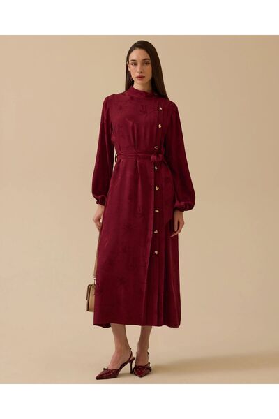 SEÇİL Desenli Pile Detaylı Kuşaklı Elbise-Bordo - 42