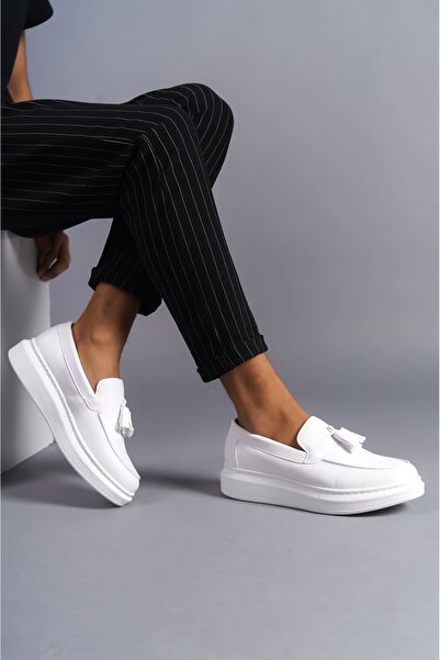 Zapatos SLW154 Blaze Bağcıksız Püsküllü Cilt Erkek Günlük Spor Klasik Ayakkabı CBT - Beyaz