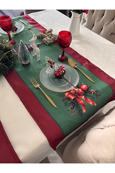Ayd Home Yeşil fiyonklu yılbaşı runner kırmızı noel yeniyıl sofrası masası christmas newyear sunum