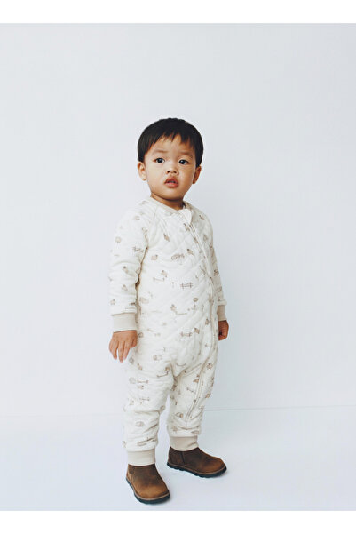 Magu Unisex Çocuk Pamuklu Ekru Çift Fermuarlı Hayvancık Desenli Uyku Tulum