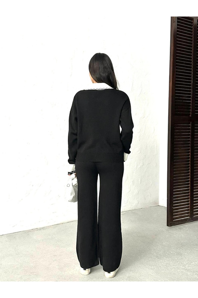 Lusin Női fekete, stílusos galléros részletekkel ellátott pulóver nadrág alsó felső kétrészes kötöttáru szett