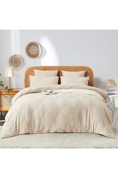 MIULEE Set Lenjerie de Pat din Satin, 200 x 200 cm, + Set 2 Fata de Perna 80 x 80 cm, Bej - CN