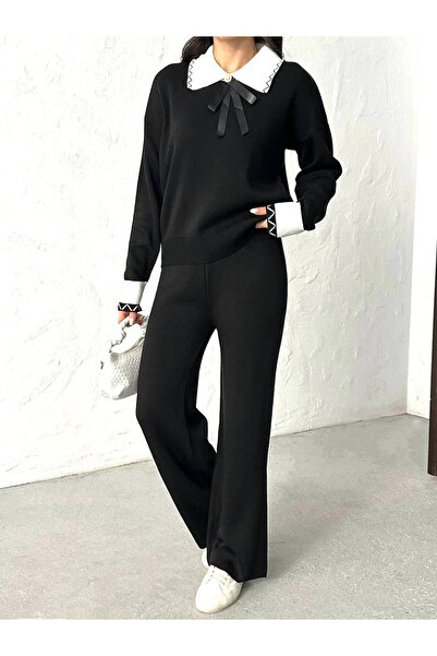 Lusin Női fekete, stílusos galléros részletekkel ellátott pulóver nadrág alsó felső kétrészes kötöttáru szett