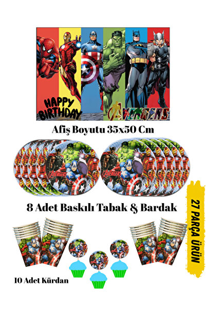HAPPYLOOPPARTY Yenilmezler AvengerS Temalı Doğum Günü Tabak , Bardak , Afiş Seti