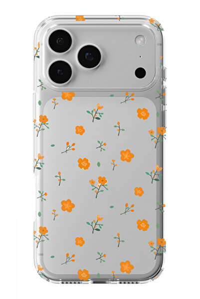 moonset Iphone 17 PRO MAX Uyumlu Turuncu Çiçekler Tasarımlı Baskılı Şeffaf Te...