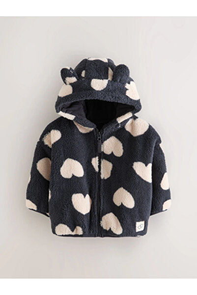 Next Baby Siyah, Kalp Baskılı Fermuarlı Kapşonlu Polar Mont/Ceket