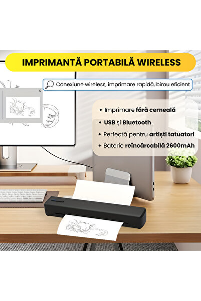 OEM Imprimanta Termica Portabila Profesionala pentru Tatuaje, Usoara, Rapida, cu Bluetooth si USB