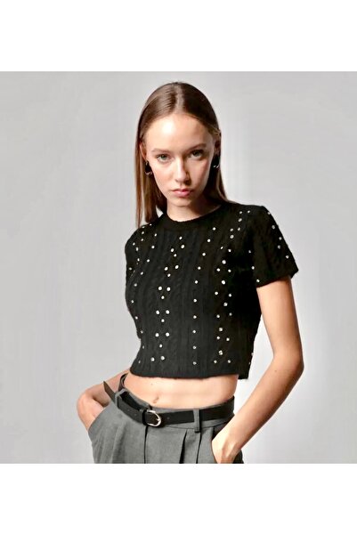 AFA COLLECTION Tricotaj crop tricotat cu piatră neagră