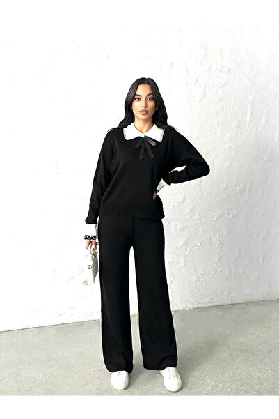 Lusin Жіночий чорний елегантний светр з коміром, штани, верхній одяг, двокомпонентний трикотажний комплект