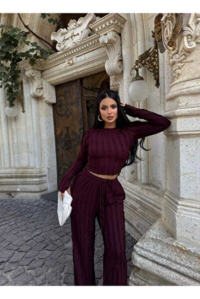 albaroda Set Gagari pentru femei, cu bluză burgundă și pantaloni largi, cu detaliu cu volane