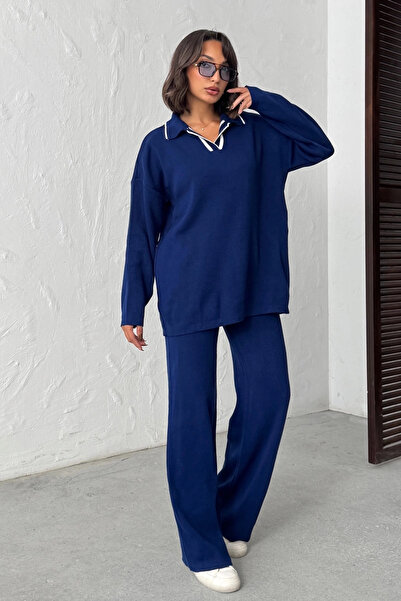 Lusin Women's Navy Blue Polo Neck Sweater High Waist Pants Bottom Top Two-Piece Knitwear Set