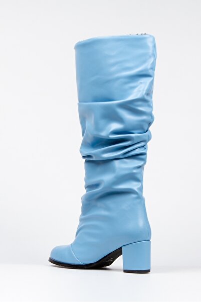 BERFONA Cizme cu toc de 5 cm din piele albastră PUSİ, cu burduf, sub genunchi