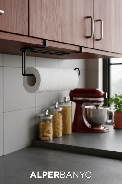 Alper Banyo Siyah Modern Dolap Kapağı ve Raf Altı Kağıt Havluluk Mutfak Organizeri | Delmeden, Kolay Montaj