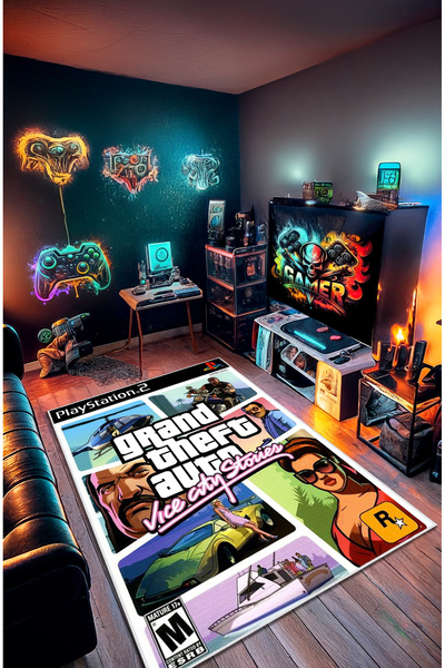Artızon Dekoratif Kaymaz GTA VICE CITY Gamer Yıkanabilir Halı