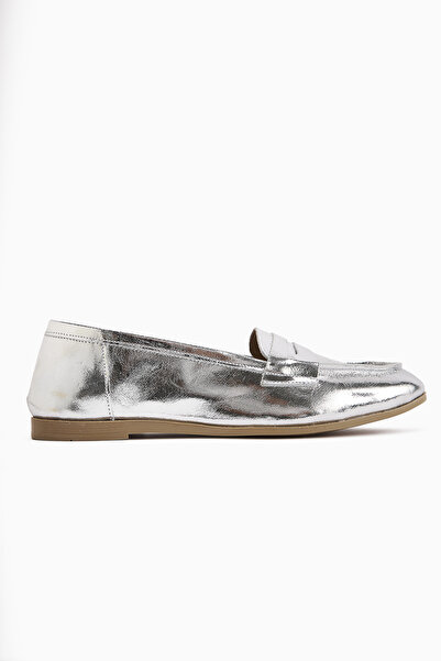 Limoya Solina Genuine Leather Silver Patent Leather Moccasin Shoes Comfortable Casual Loafer