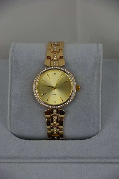 QUARTZ Altın Renk Taşlı Çelik Kordon Kadın Kol Saati – Yuvarlak Kadran | Işıl...