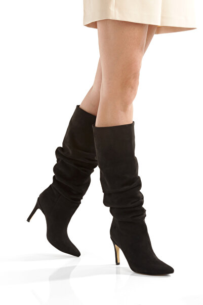 Ayakkabı Podyumum حذاء '' BURCU '' أسود من الجلد السويدي بمقدمة مدببة وكعب رف...