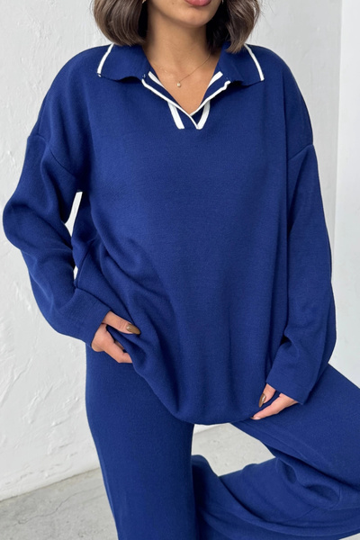 Lusin Women's Navy Blue Polo Neck Sweater High Waist Pants Bottom Top Two-Piece Knitwear Set