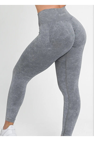 BK Gri dikişsiz push up kalça büzgülü asit desen spor tayt
