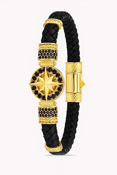 clawleather سوار رجالي من الجلد الطبيعي بحجر الزركون مع شكل البوصلة