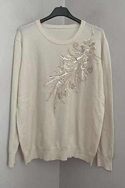 AYASOFYA OTANTIK بلوزة نسائية إيطالية بيج بياقة مستديرة مزينة بالترتر المطرز ...