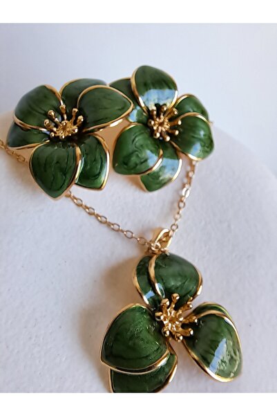 BHR AKSESUAR طقم أقراط وقلادة على شكل زهرة خضراء