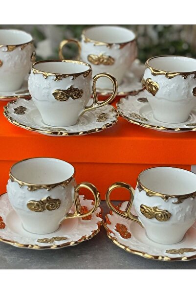 LOKMAN ZÜCCACİYE طقم أكواب بورسلين مذهبة بنقوش بارزة لـ 6 أشخاص (AYM1604)