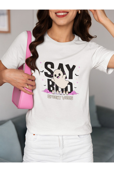 MAGORS تي شيرت نسائي من القطن بياقة دائرية وطباعة شبح الهالوين بتصميم قياسي