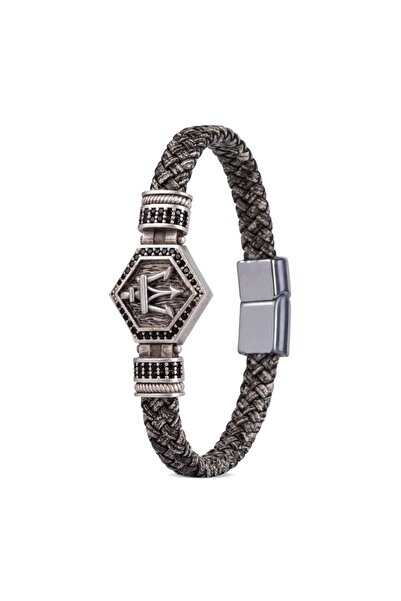 clawleather Genuine Leather Zircon Men's Bracelet with Spear Figure
