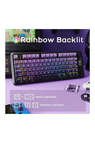 Hietech Kablosuz Gaming Oyuncu Klavyesi Freewolf M75 BT+2.4Ghz Oled TFT Ekranlı Membran Reinbow Aydınlatmalı