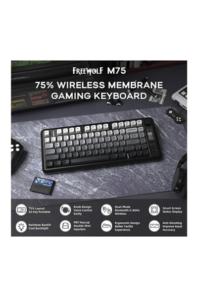 Hietech Kablosuz Gaming Oyuncu Klavyesi Freewolf M75 BT+2.4Ghz Oled TFT Ekranlı Membran Reinbow Aydınlatmalı